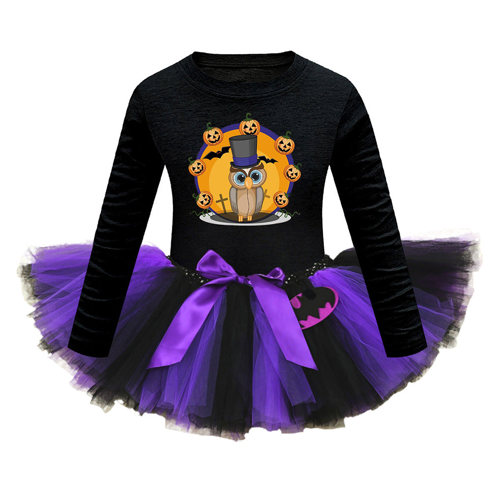 Arrival Girls’ Halloween Costume: Long Sleeves Cartoon Print Witches Cosplay Party Tulle Patchwork Dress