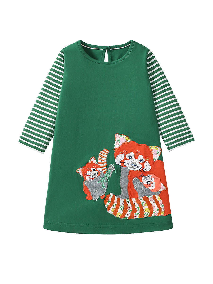 Design Autumn Girls Vivid Fox Appliqué Embroidery Pattern Striped Long Sleeves Dress