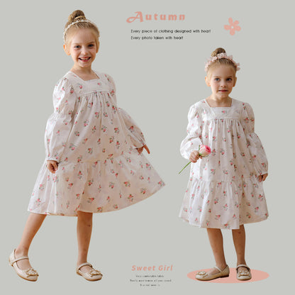 Design Autumn Girls Fashion Floral Long Sleeves Square Neck Dress