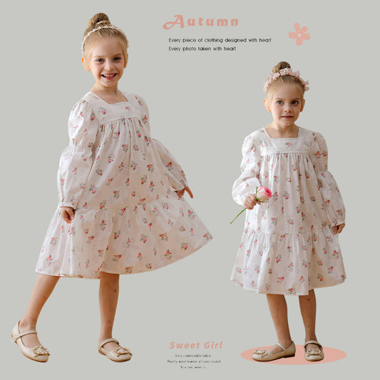 Vestido de cuello cuadrado y mangas largas con diseño floral de moda para niñas de otoño