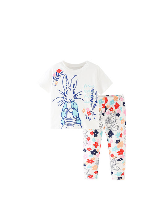 Summer Baby Kids Girls Flowers And Rabbit Print T-Shirt And Pants Clothing Set