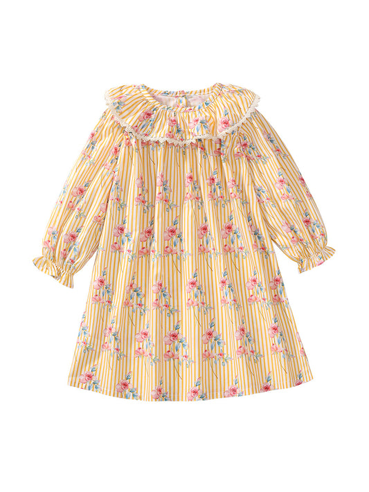 Design Autumn Girls Flowers Pattern Big Collar Long Sleeves Striped Dress