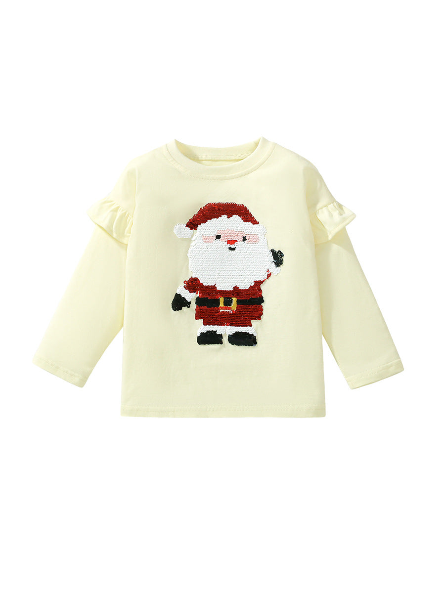 Arrival Autumn Girls’ Christmas Cartoon Santa Claus Pattern Long Sleeves T-Shirt In European And American Style For Summer