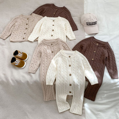 Autumn New Arrival Baby Unisex Solid Color Long Sleeves Jacquard Crew Neck Knitted Romper