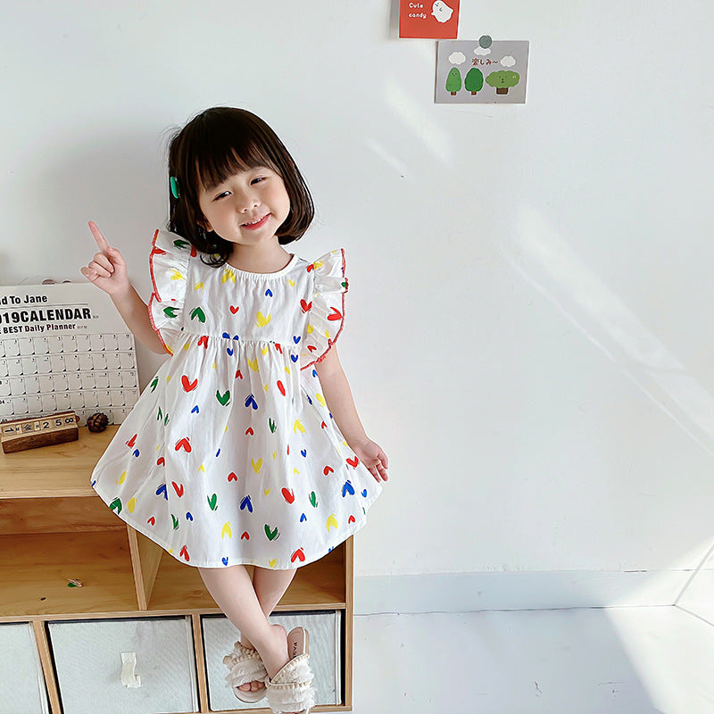 Vestido con mangas abullonadas y estampado de corazones de colores para niñas y bebés de verano más vendido 