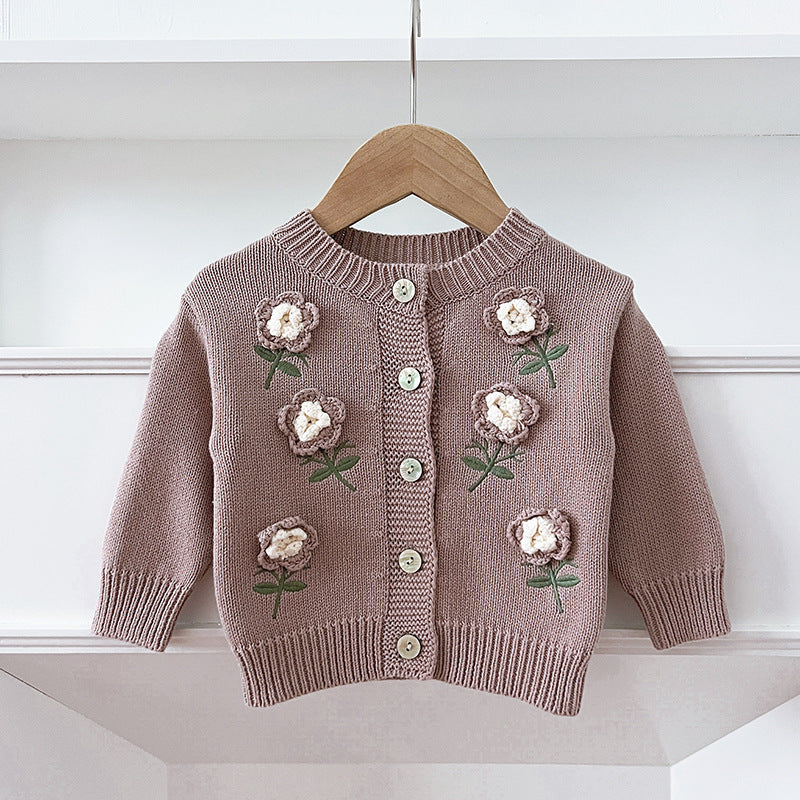 Arrival Baby Girls Comfortable Flowers Embroidery Pattern Knitted Long Sleeves Cardigan