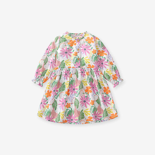 Arrival Autumn Girls Long Sleeves Colorful Flowers Pattern Ruffle Neck Dress