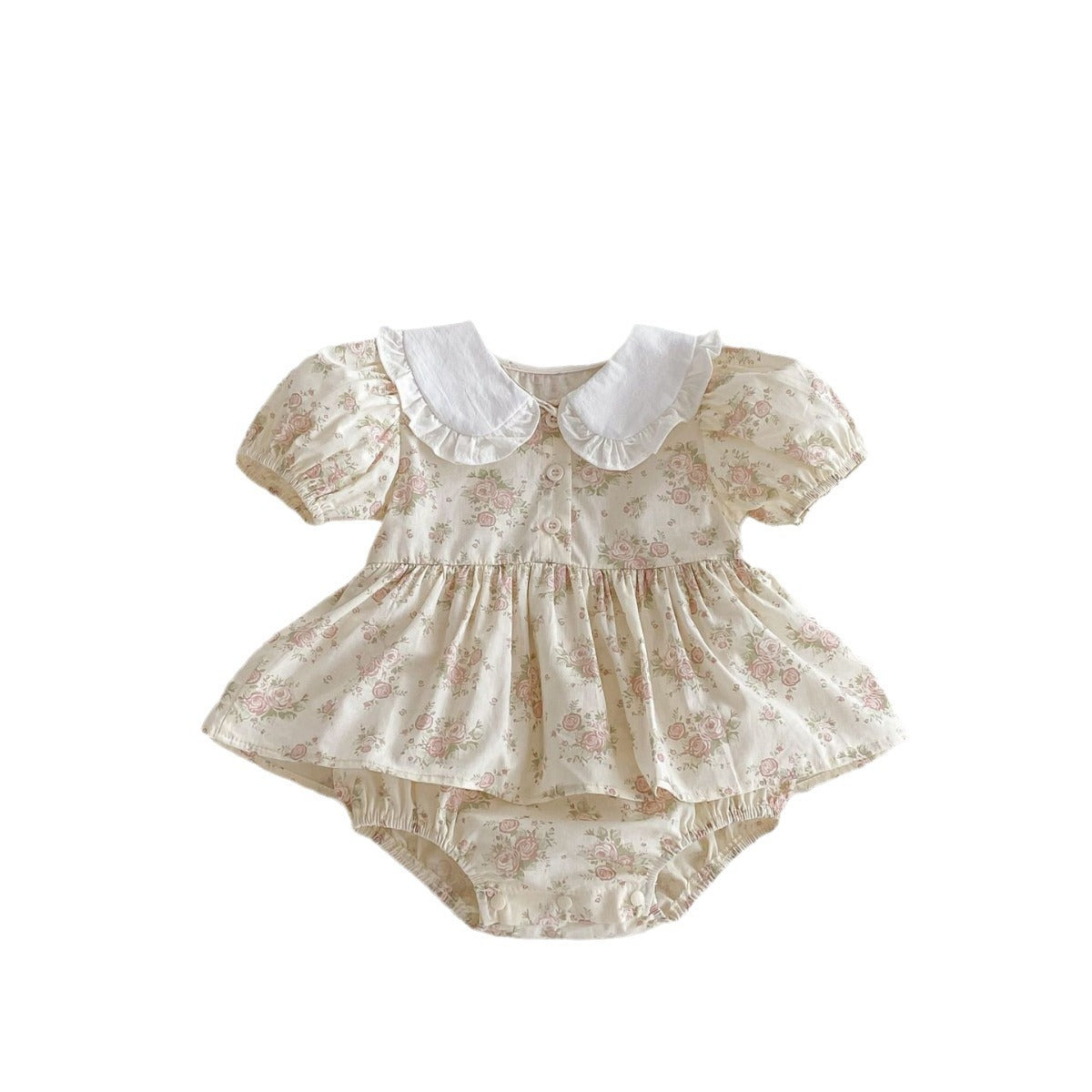 Summer New Arrival Baby Girls Short Sleeves Flowers Pattern Peter Pan Collar Onesies Dress