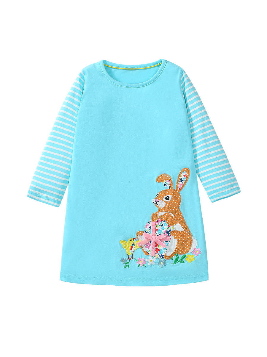 Arrival Autumn Girls Flowers And Rabbit Pattern Long Sleeves Cute Dress