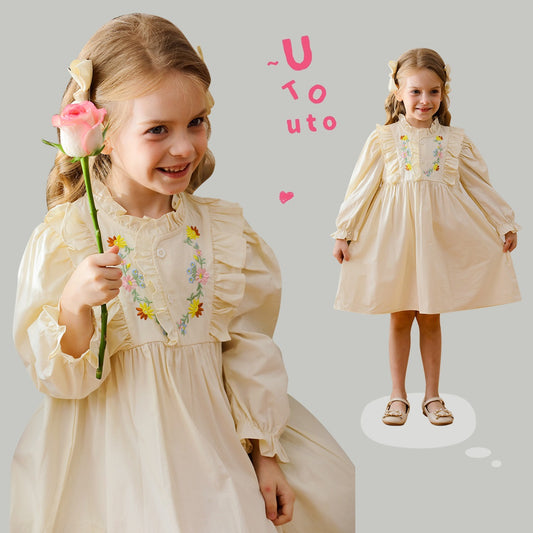 Vestido con estampado de flores y enredaderas de manga larga y cuello con volantes sencillo para niñas de otoño 