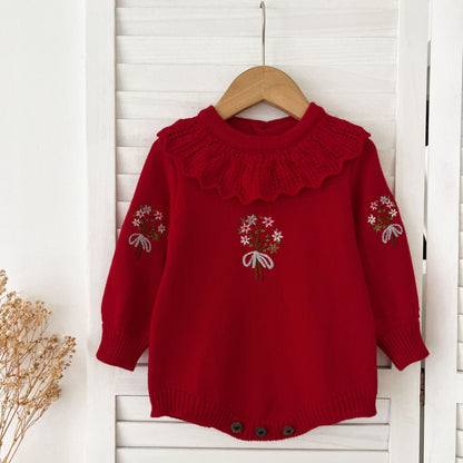 Autumn New Design Baby Girls Flowers Embroidery Pattern Long Sleeves Ruffle Collar Knitted Onesies