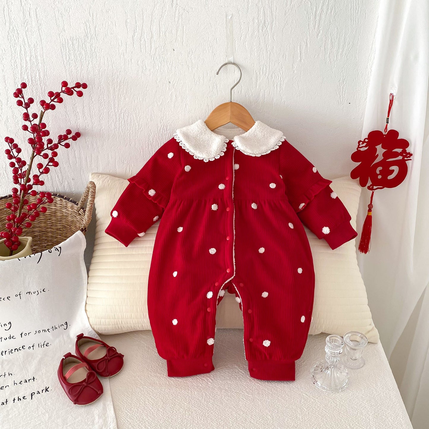 Winter Arrival Baby Cute Polka Dots Warm Fleece Rompers