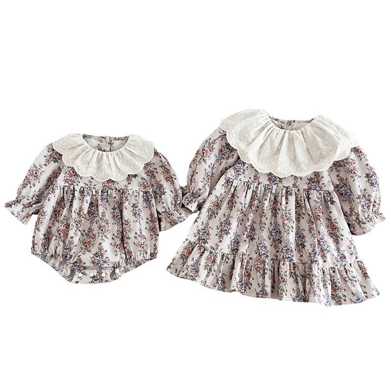 Spring Baby Girls French-style Floral Printed Long-sleeved Onesies and Dress – Princess Sister Matching Set