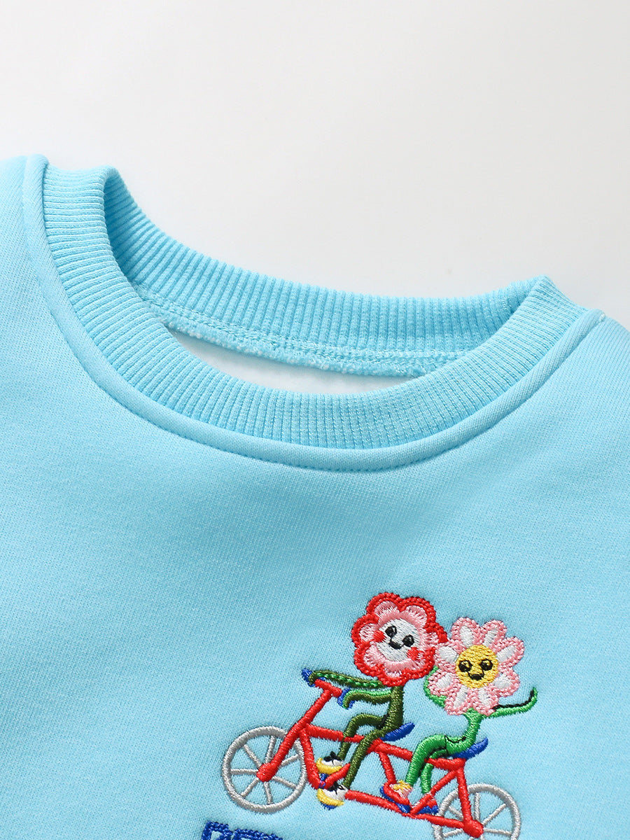 Spring And Autumn Girls Cartoon Flowers Pattern Long Sleeves Top Warm Sweatshirt And Pants Clothing Set