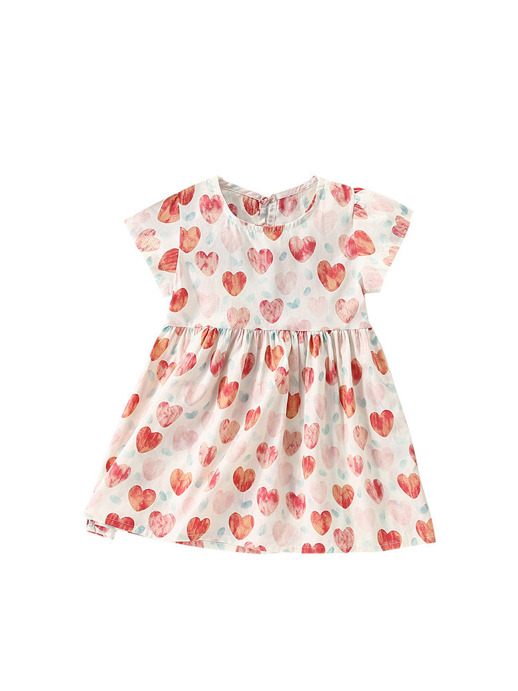 Summer New Arrival Girls’ Heart Pattern Short Sleeves Crew Neck Dress