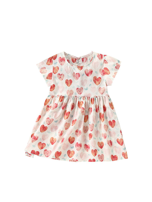 Summer New Arrival Girls’ Heart Pattern Short Sleeves Crew Neck Dress