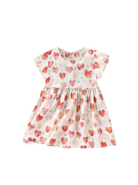 Vestido de verano con cuello redondo y mangas cortas con estampado de corazones para niñas recién llegado 