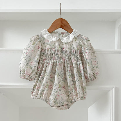 Conjunto de otoño para niñas y bebés, mono y vestido con cuello francés y estampado floral verde claro de manga larga, conjunto a juego para princesas y hermanas 