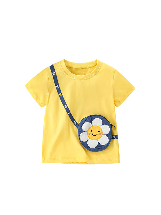 Camiseta de manga corta con bolsillo y estampado de dibujos animados de girasoles para niñas en estilo europeo y americano para el verano 