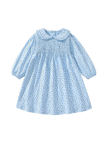 Design Autumn Girls Little Flowers Pattern Peter Pan Collar Long Sleeves Blue Dress