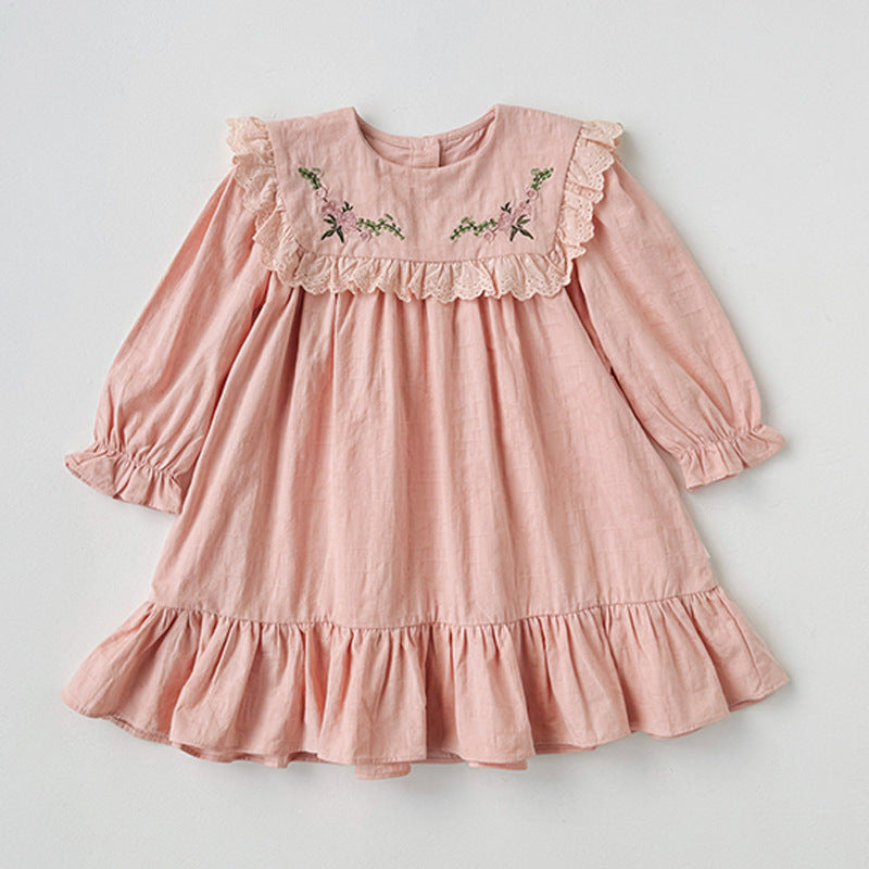 Vestido de manga larga con bordados de flores vintage para niñas de otoño 