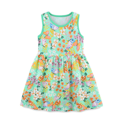 Summer Hot Selling Girls’ Flowers Pattern Butterfly Print Sleeveless Dress