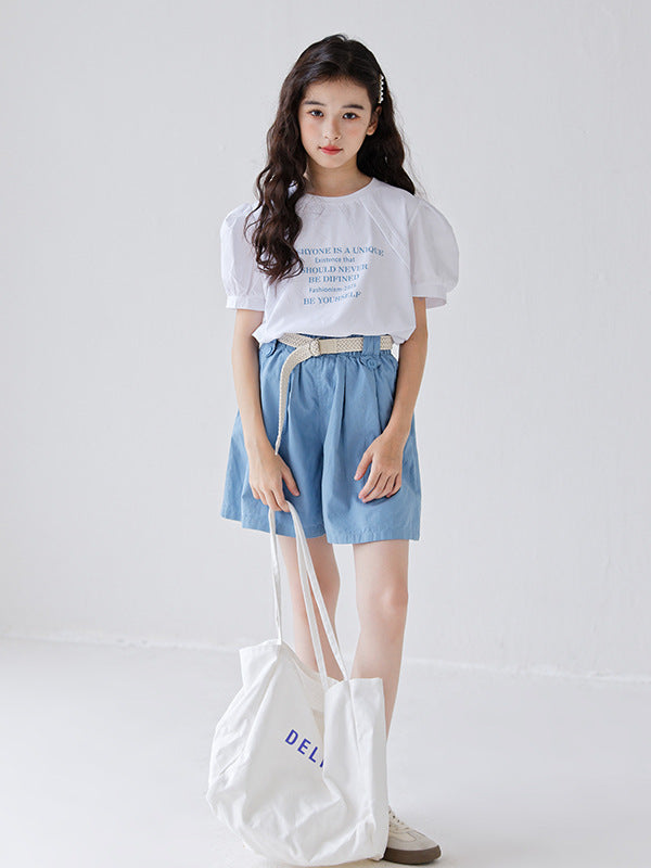 Summer Hot Selling Girls Letters Pattern Short Sleeves T-Shirt And Solid Color Pleated Shorts Clothing Set