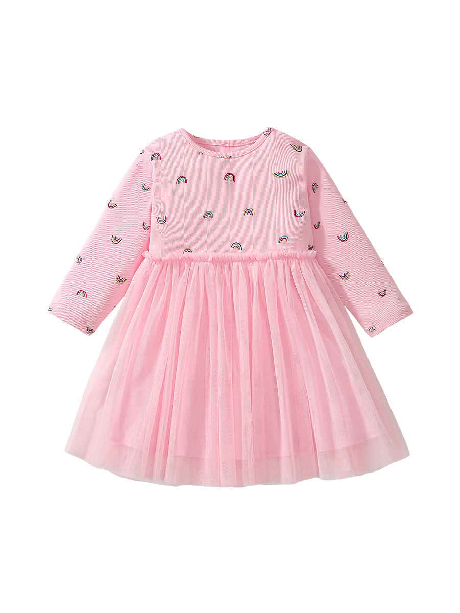 Arrival Autumn Girls Rainbows Print Crew Neck Long Sleeves Tulle Patchwork Princess Dress