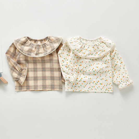 Autumn New Arrival Kids Girls Plaid/Floral Long Sleeves Shirt with Collar