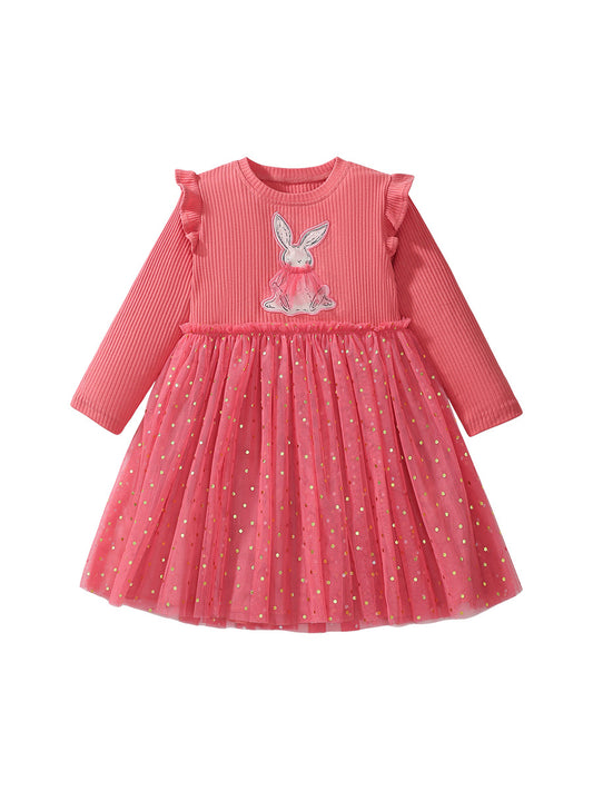 Vestido de tul con cuello redondo y mangas largas con estampado de conejo de dibujos animados para niñas de otoño 