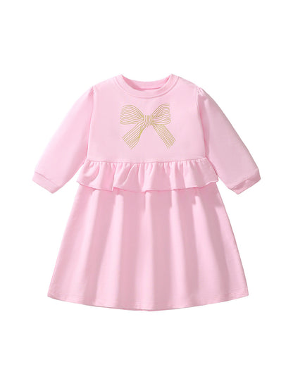 Best Selling Cheap Autumn Girls Bows Pattern Crew Neck Long Sleeves Casual Pink Dress