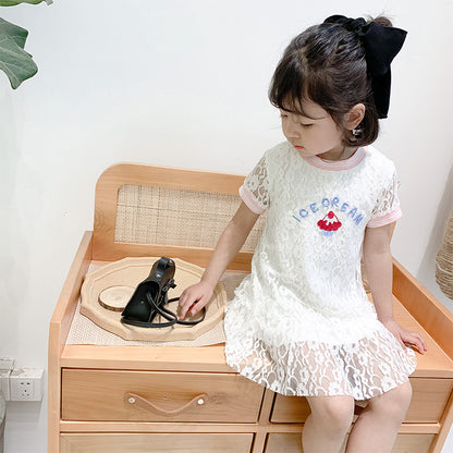 Summer Baby Girls Hot Selling Fashion Short Sleeves Lace Design Ice-Cream Pattern Dress