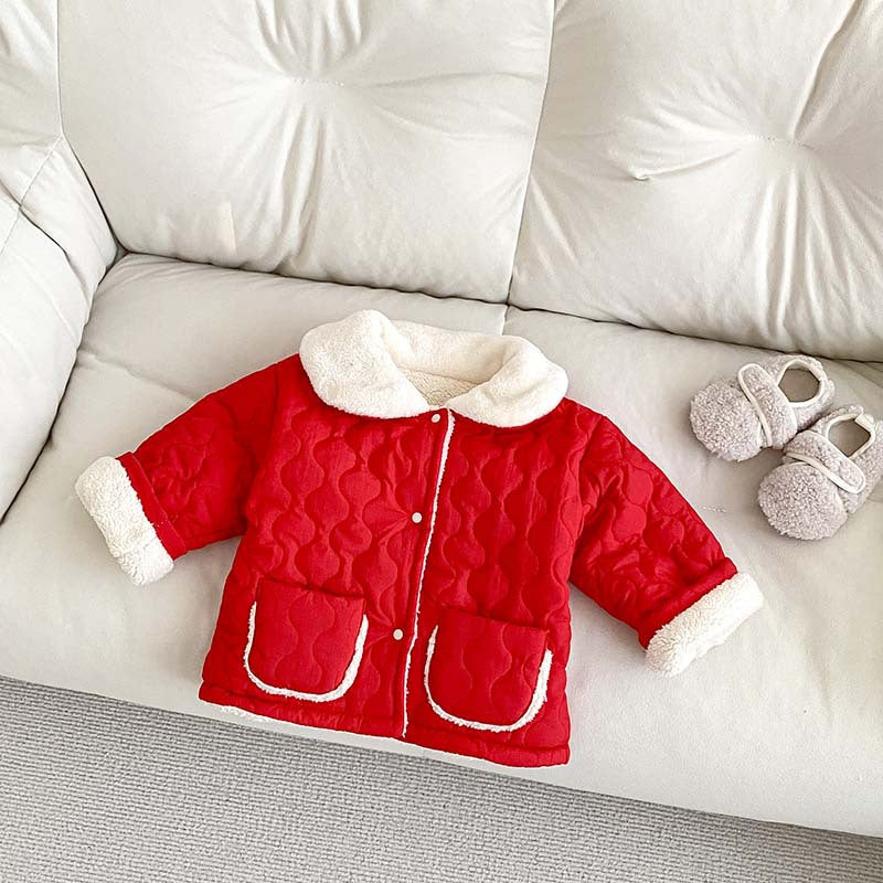 Arrival Baby Kids Girls Color Patchwork Single Breasted Thick Fleece-inside Coat