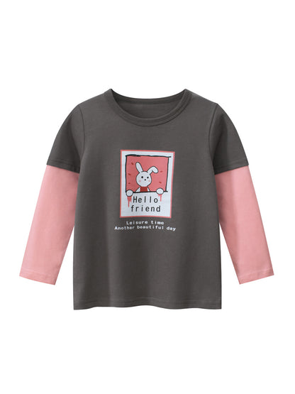 Camisa de retazos de color con cuello redondo y mangas largas con estampado de dibujos animados de animales para niñas recién llegada de otoño 