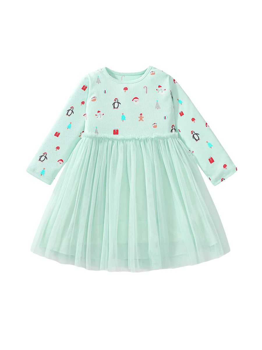 Arrival Autumn Girls Cartoon Christmas Print Crew Neck Long Sleeves Tulle Patchwork Princess Dress