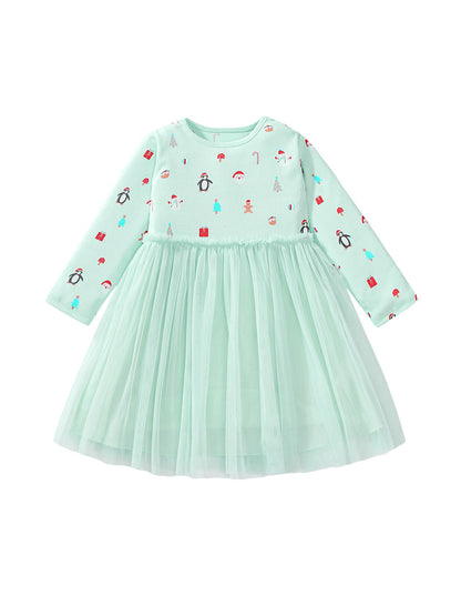 Arrival Autumn Girls Cartoon Christmas Print Crew Neck Long Sleeves Tulle Patchwork Princess Dress