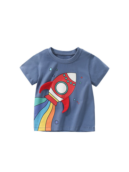 Boys’ Rocket Cartoon Pattern Short Sleeves T-shirt in European and American Style for Summer