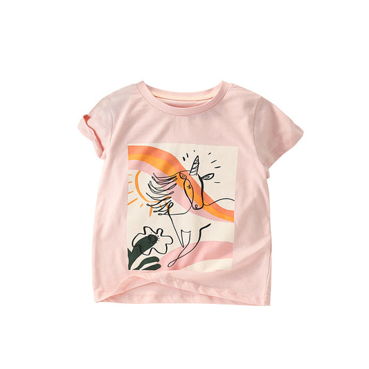 Girls’ Cartoon Unicorn Pattern Short Sleeves T-Shirt In European And American Style For Summer