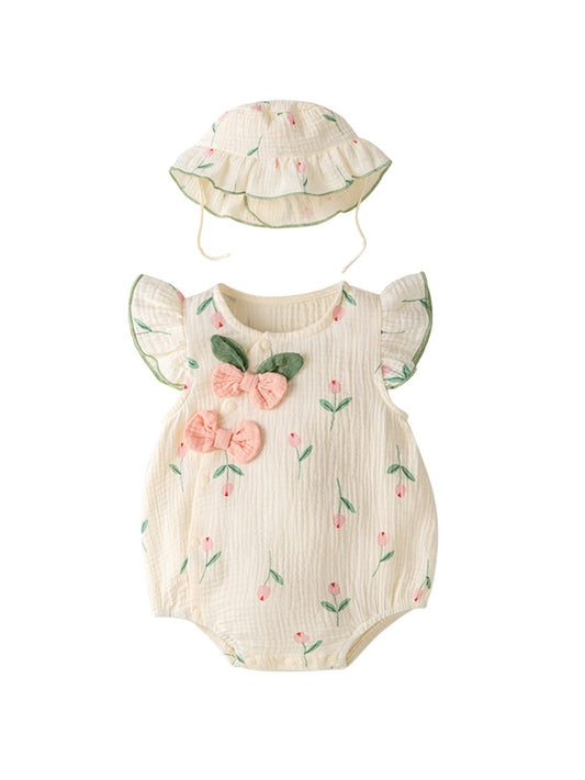 Summer New Design Baby Girls Light Floral Pattern Embroidery Fly Sleeves Crew Neck Sweet Cute Onesies