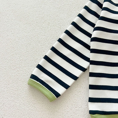 Casual and Versatile Two-Piece Set: Round Neck Striped Top and Green Pants for Baby and Toddlers