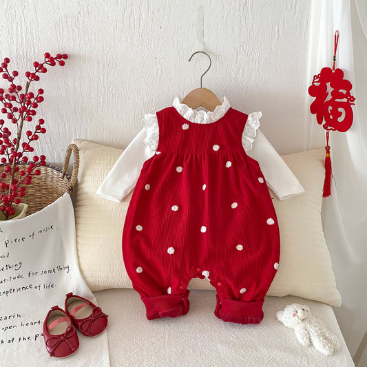 Sping and Winter New Arrival Baby Cute Polka Dots Warm Fleece Sleeveless Rompers Vest