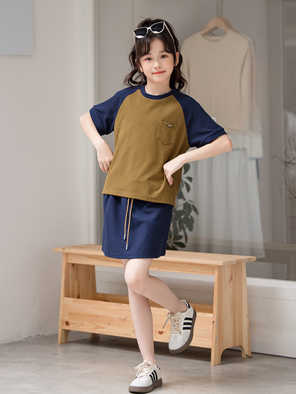 Summer Hot Selling Girls Color Patchwork Short Sleeves T-Shirt And Solid Color Skirt Clothing Set