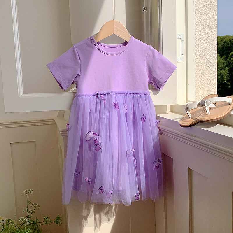 Summer Baby Kids Girls Princess Crew Neck Short Sleeves 3D Butterfly Mesh Patchwork Dress