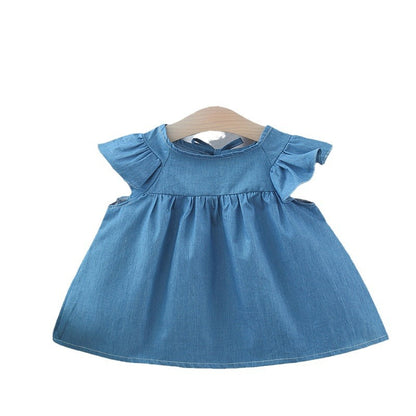 Vestido vaquero de color liso con cuello redondo y mangas abullonadas para niñas y bebés de verano muy vendido 