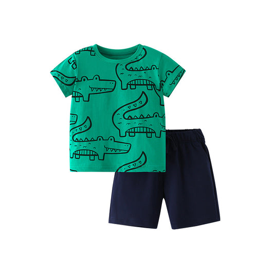 Summer Baby Kids Boys Crocodile Animals Cartoon Print T-Shirt And Black Shorts Clothing Set
