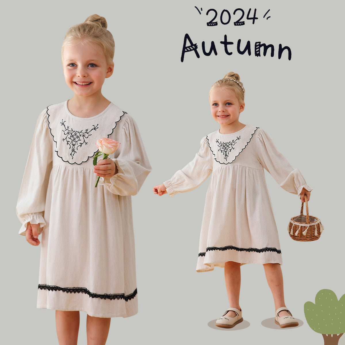 Arrival Autumn Girls Vintage Crew Neck Long Sleeves Vine Pattern Dress