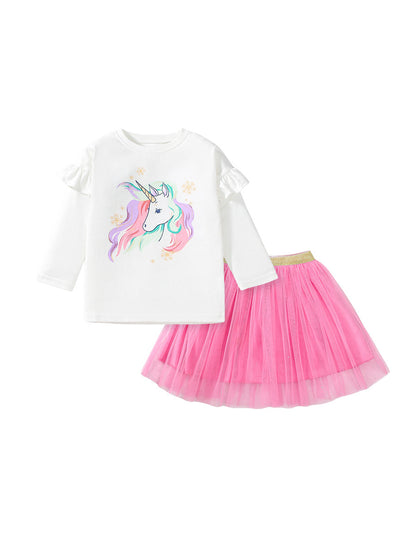 Spring And Autumn Girls Fashion Unicorn Pattern Long Sleeves Crew Neck Top Shirt And Tulle Skirt Clothing Set