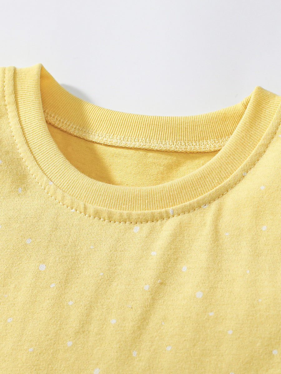 Summer New Arrival Girls’ Rabbits Pattern Crew Neck Short Sleeves Yellow Dress