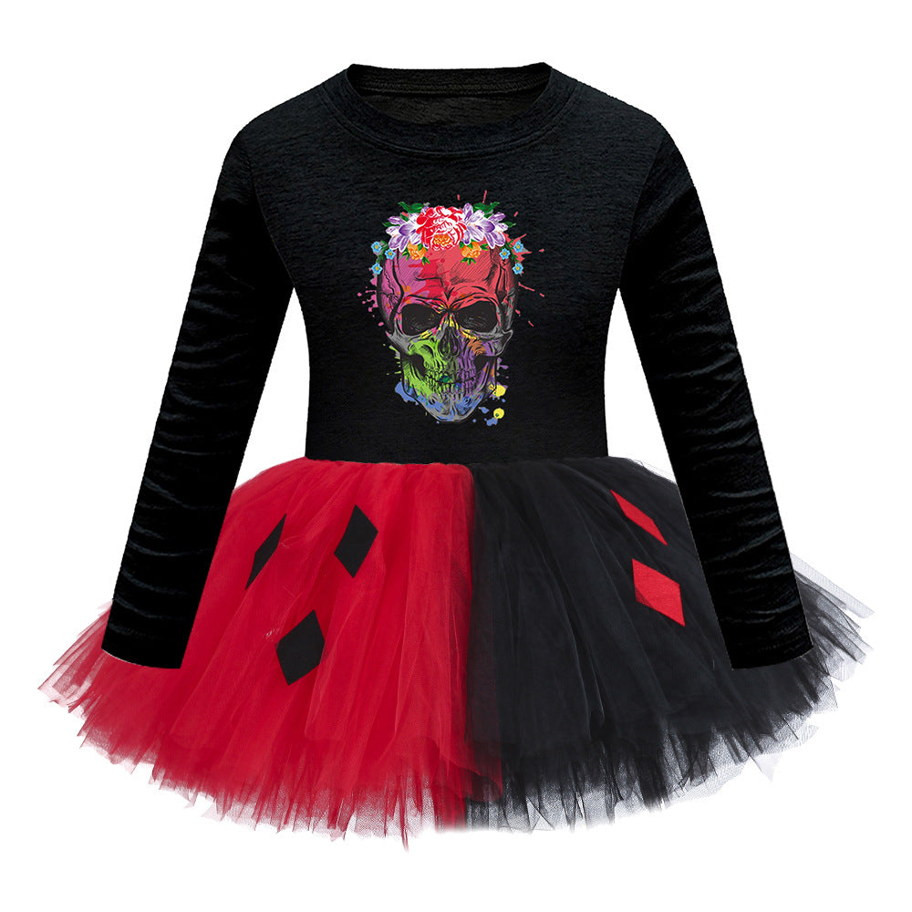 Arrival Girls’ Halloween Costume: Long Sleeves Cartoon Print Witches Cosplay Party Tulle Patchwork Dress