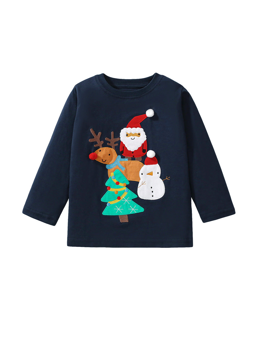 Llegada de otoño Camiseta de manga larga con estampado de Papá Noel de dibujos animados navideños para niños en estilo europeo y americano para el verano 